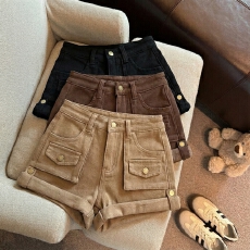 批发实拍 韩版加绒牛仔短裤女冬季新款翻边设计感直筒裤高腰a字靴裤