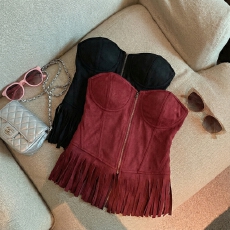 批发实拍 复古无肩带抹胸外穿带胸垫背心女<b class='q'>秋</b>季辣妹短款鱼骨流苏上衣