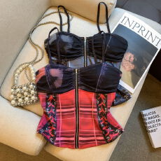 批发实拍 原创性感拼色印花抹胸女小众收腰百搭上衣