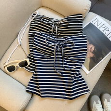 批发实拍 美式复古辣妹条纹系带抹胸背心女夏无袖显瘦设计感百搭上衣