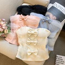 批发实拍 甜美立体蝴蝶结抹胸春新款纯欲风网纱修身短款蕾丝背心上衣