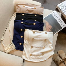 批发实拍 别致轻奢高级纽扣一字肩抹胸背心西装内搭外穿短款辣妹上衣