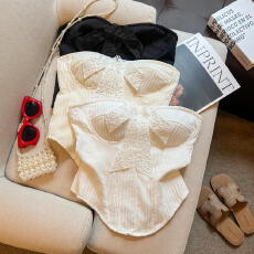 批发实拍 蕾丝蝴蝶结装饰带胸垫防滑条无袖抹胸 鱼骨拼接竖条露背上衣