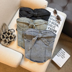 批发实拍 辣妹一字肩蝴蝶结系带牛仔抹胸背心女<b class='q'>夏</b>修身显瘦短款上衣潮