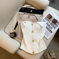 批发实拍 法式复古修身短款纽扣抹胸上衣女<b class='q'>春</b>新款白色气质显瘦背心潮