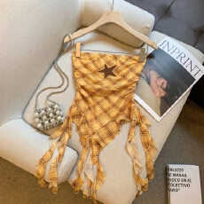 批发实拍 辣妹星星格子不规则吊带背心女夏季外穿抹胸修身小上衣