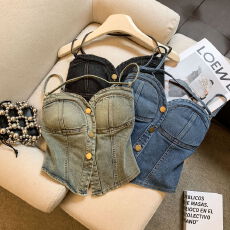 批发实拍 辣妹风性感牛仔抹胸吊带背心女洋气单排扣<b class='q'>修身</b>显瘦短款上衣