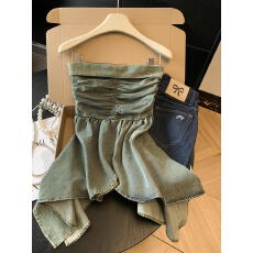 批发实拍 夏季辣妹一字领收腰抹胸背心不规则无袖中长款露背牛仔上衣