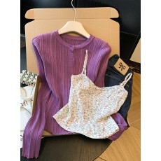 批发实拍 温柔风套装紫色气质长袖<b class='q'>开衫</b>外套女装春季内搭碎花吊带背心