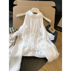 批发实拍 设计感<b class='q'>蝴蝶结</b>挂脖<b class='q'>衬衫</b>女宽松小众显瘦露肩雪纺衫