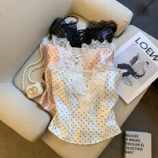 批发实拍 波点<b class='q'>蕾丝拼接</b>无袖背心女夏季外穿设计感辣妹一字肩抹胸上衣