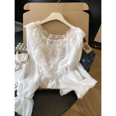 批发实拍 法式温柔风蕾丝荷叶边系带衬衫女设计感V领收腰显瘦气质上衣