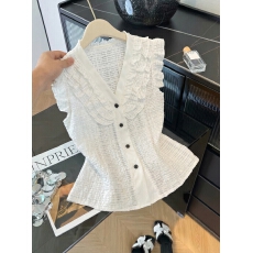 批发实拍 白色衬衫女夏薄款气质小飞袖衬衣修身显瘦设计感V领上衣