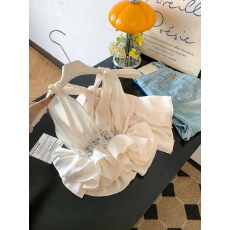 批发实拍 夏季纯欲辣妹飘带珍珠挂脖露背吊带蕾丝拼接木耳边背心