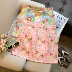 批发实拍 莫奈油画风印花a字包臀短裙女田园夏日穿搭绝美<b class='q'>碎花</b>半身裙