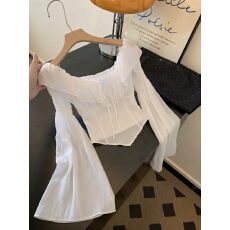 批发实拍 喇叭袖<b class='q'>衬衫</b>女<b class='q'>韩版</b>高级感气质锁骨一字肩露肩收腰短款上衣