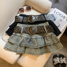 批发实拍 <b class='q'>韩版</b>新款美式辣妹短裙配皮带设计感做旧牛仔裙百褶半身裙女
