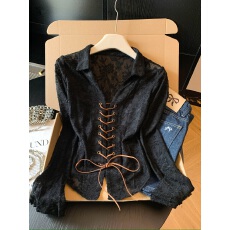 批发实拍 辣妹时尚翻领交叉绑带透视蕾丝修身显瘦短款长袖<b class='q'>衬衫</b>上衣女