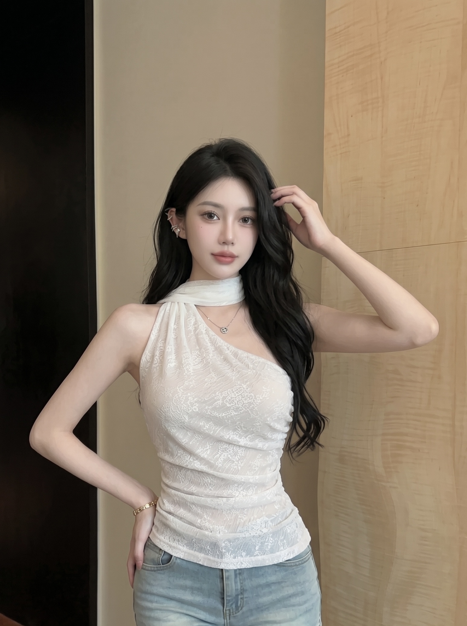 실사 프랑스식 레이스 캐미솔 여름 새로운 개성 리본 비스듬한 어깨 핫걸 바람 다용도 패션 맨위