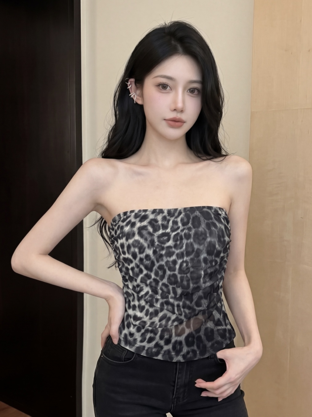 실사 레트로 레오파드 무늬 망사 프린트 튜브탑 조끼 여성 여름 새로운 섹시함 핫걸 몸매 가꾸기 맨위
