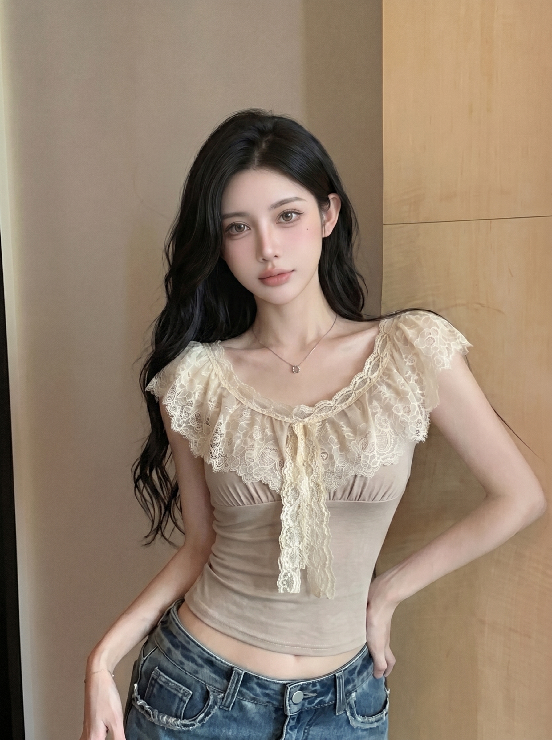 실사 한 부서 작은 대중 레이스 조각 라운드 넥 민소매 티셔츠 여성 여름 새로운 디자인 센스 몸매 가꾸기 슬림해 보이는 맨위
