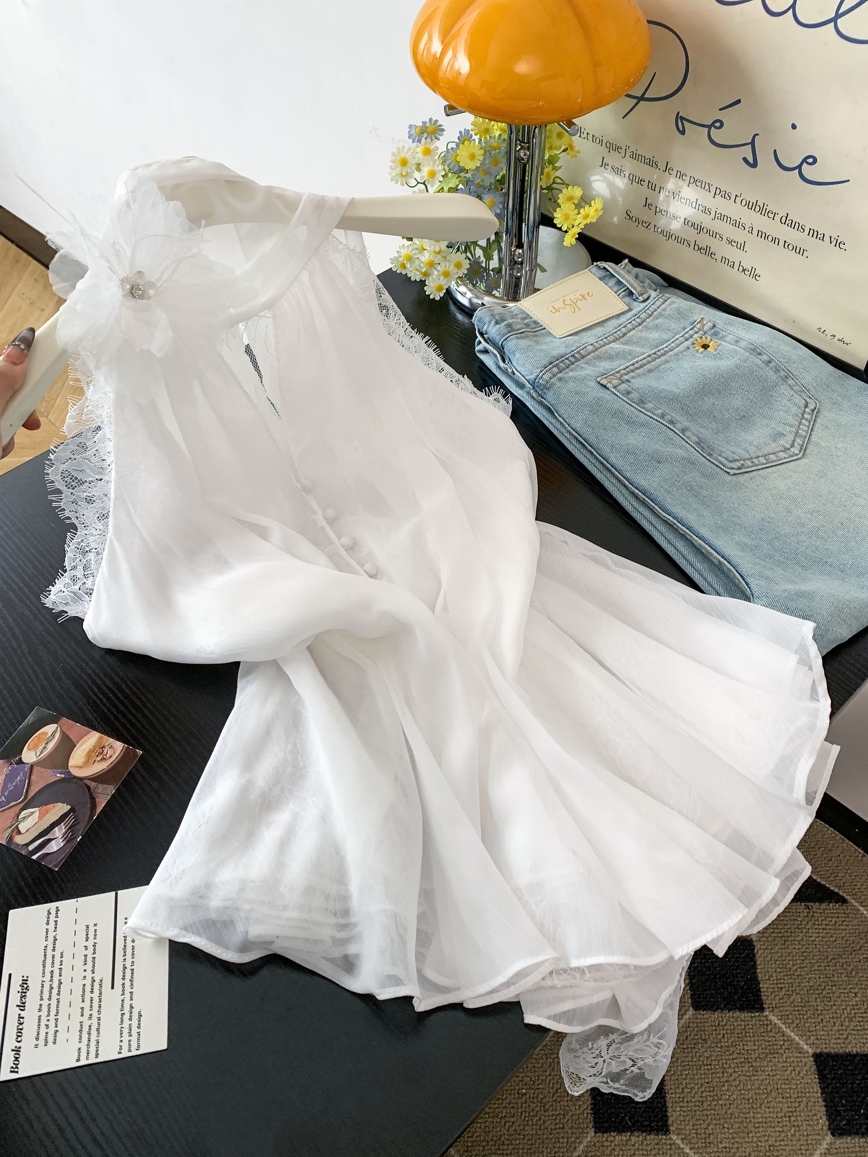 실사 한국 스타일 휴가 바람 행침 목 민소매 품격 오픈 가디건 여성 여름 출퇴근 루즈핏 레이스 조각 우아함 맨위