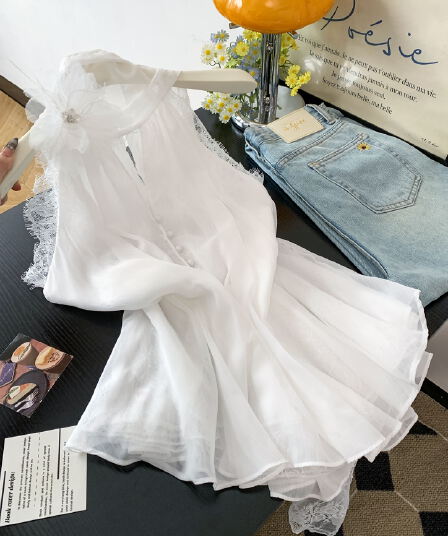 실사 한국 스타일 휴가 바람 행침 목 민소매 품격 오픈 가디건 여성 여름 출퇴근 루즈핏 레이스 조각 우아함 맨위