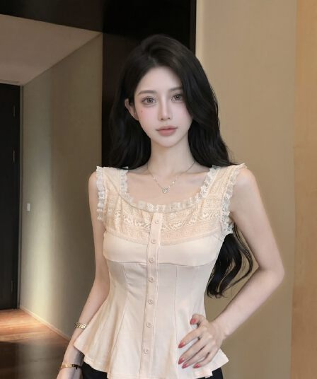 실사 달콤함 레이스 조각 광장 칼라 조끼 고급 센스 여성 여름 새로운 슈퍼 잘 생긴 순수한 욕망 몸매 가꾸기 맨위