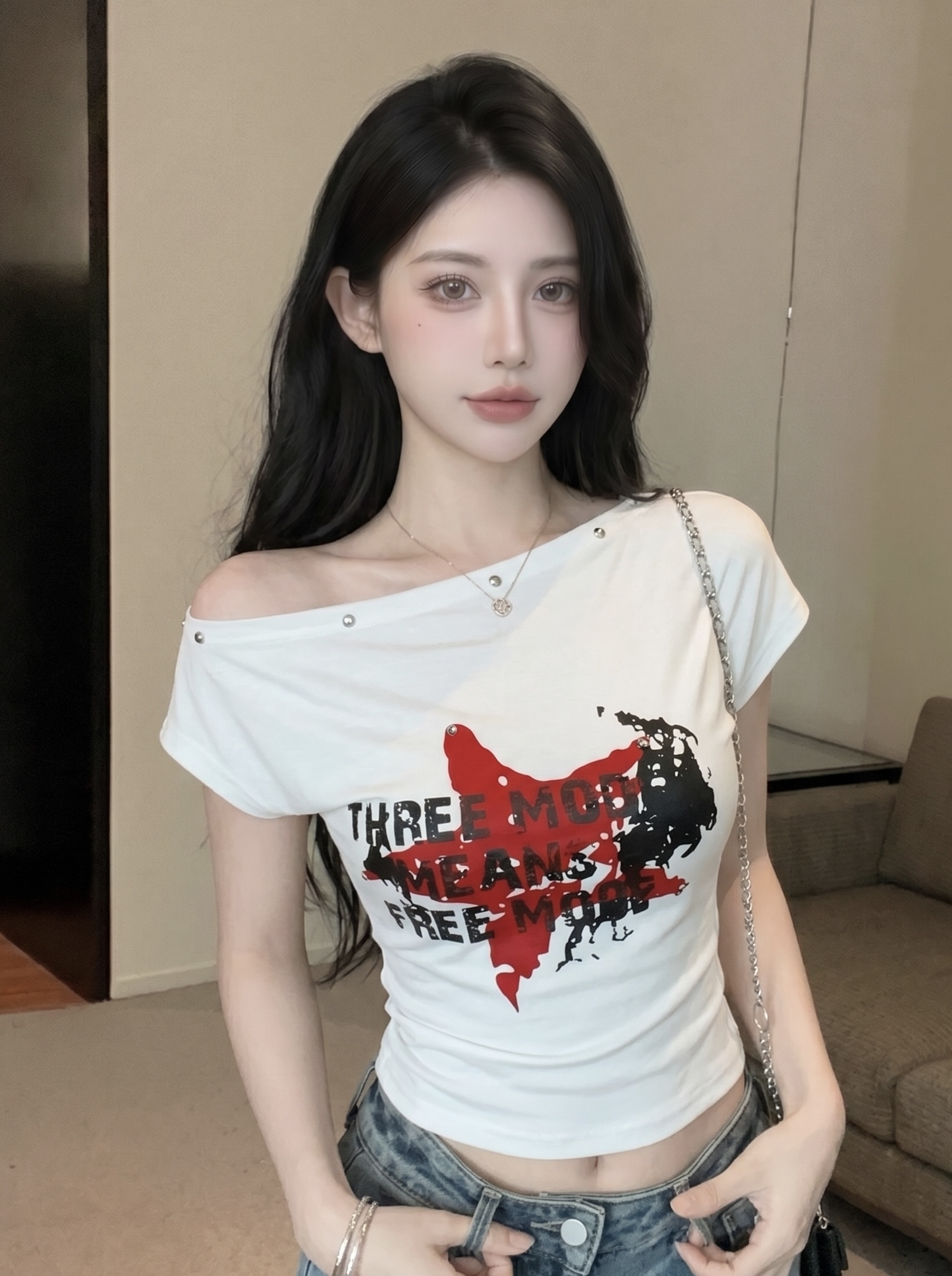 실사 여름 새로운 아메리칸 레트로 디자인 센스 핫걸 비스듬한 어깨 반팔 티셔츠 개성 다용도 맨위 여성 트렌디