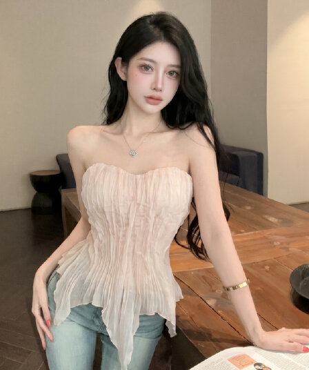 실사 불규칙 섹시함 백리스 민소매 튜브탑 조끼 여성 여름 아름다운 포장 가슴 핫걸 몸매 가꾸기 외출용 맨위