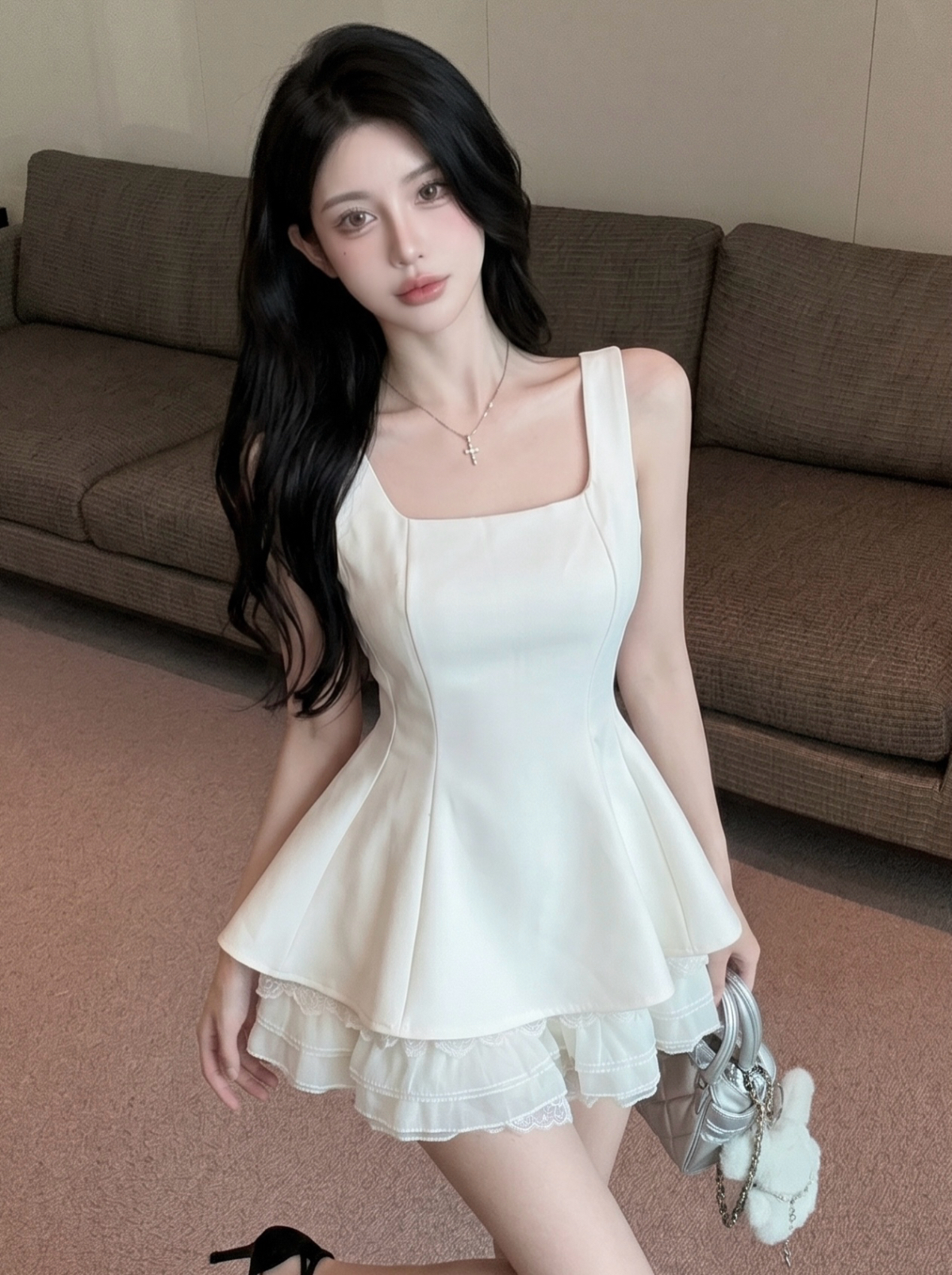 실사 프랑스식 부드러운 바람 슈퍼 잘 생긴 ~ 중 허리 수축 퍼프 미니 스커트 작은 키 아름다운 고유 한 슬립 드레스