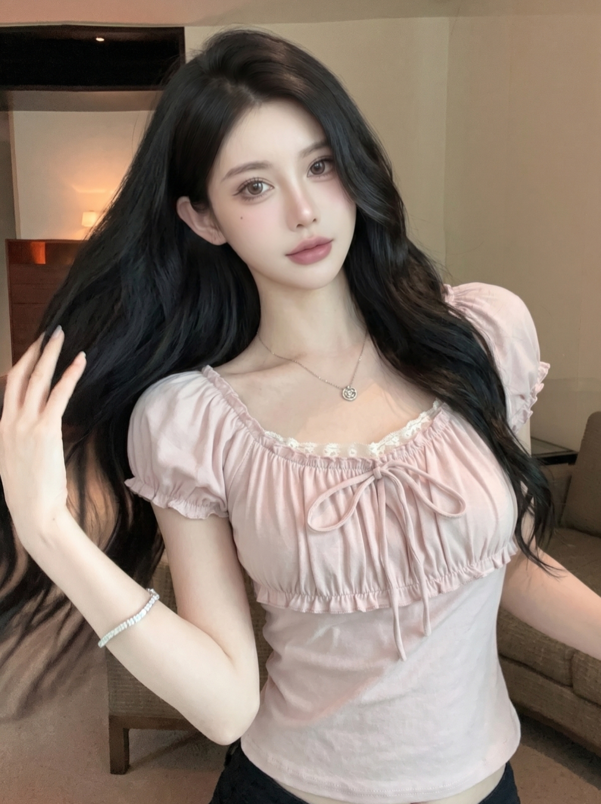실사 달콤한 매운맛 바람 레이스 광장 칼라 거품 소매 티셔츠 여성 허리 수축 슬림해 보이는 이슬 쇄골 동정 Chic 레이스업 맨위