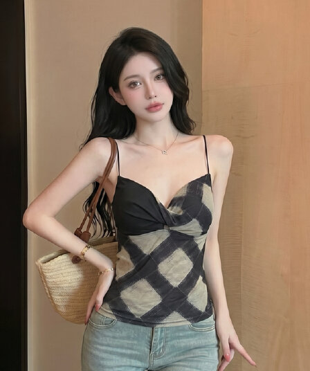 실사 몸매 가꾸기 슬림해 보이는 벨트 가슴 패드 의류 여성 여름 섹시함 핫걸 V넥 망사 배색 체크무늬 캐미솔