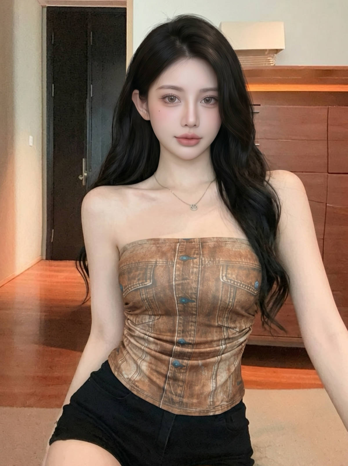 실사 주름 데님 곡물 홀치기 염색 프린트 나만의 것을 가져와 라. 가슴 패드 민소매 망사 맨위 백리스 쇼트 스타일 조끼 튜브탑
