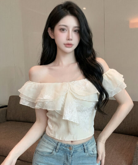 실사 오프숄더 쉬폰 작은 셔츠 여성 프랑스식 프릴 자카드 작은 날다 소매 셔츠 Chic 아름다운 작은 맨위