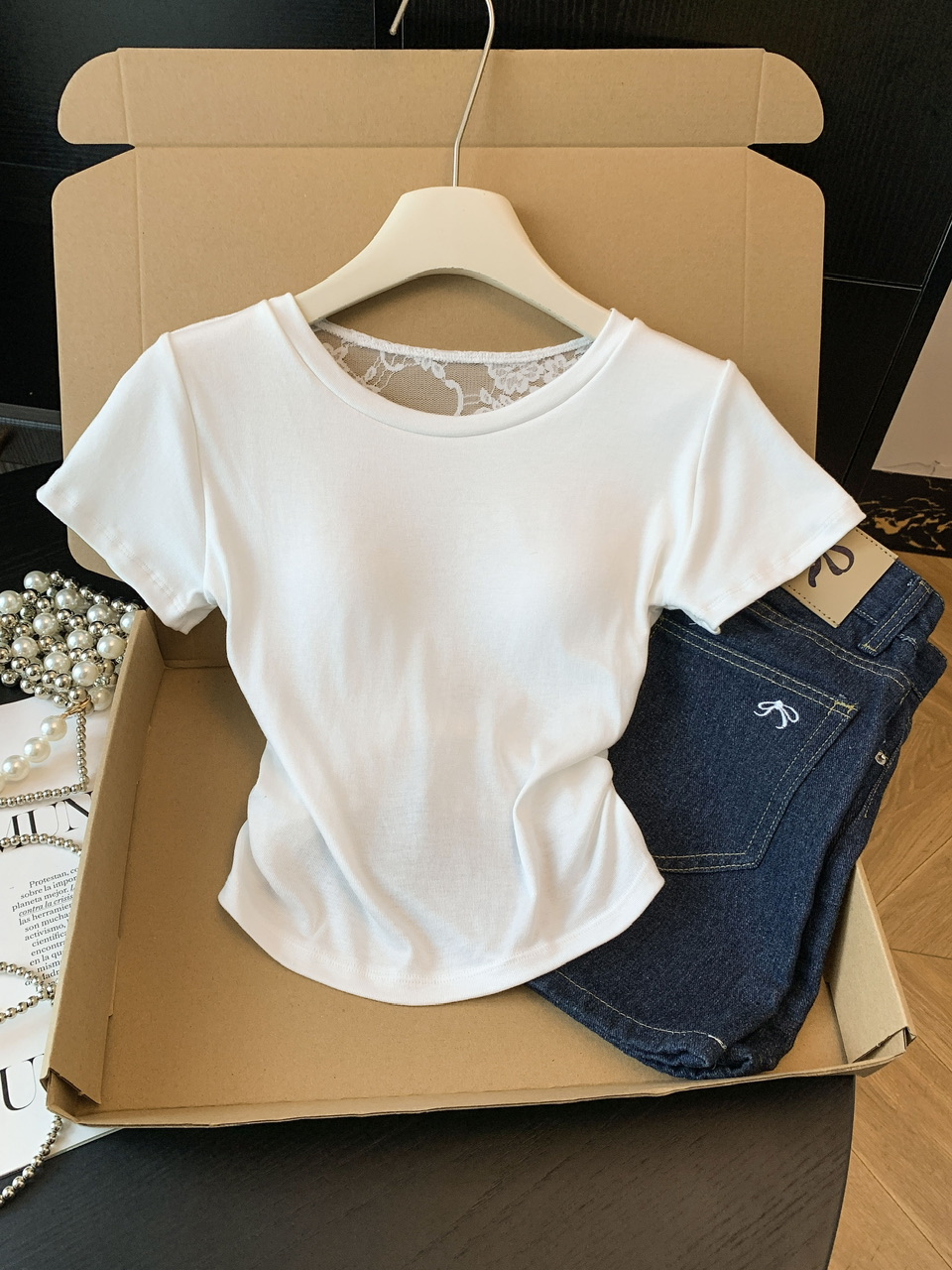 실사 순수한 욕망 바람 u 칼라 반팔 티셔츠 여성 여름 새로운 고유 한 Chic 작은 심장 기계 레이스 조각 몸매 가꾸기 맨위