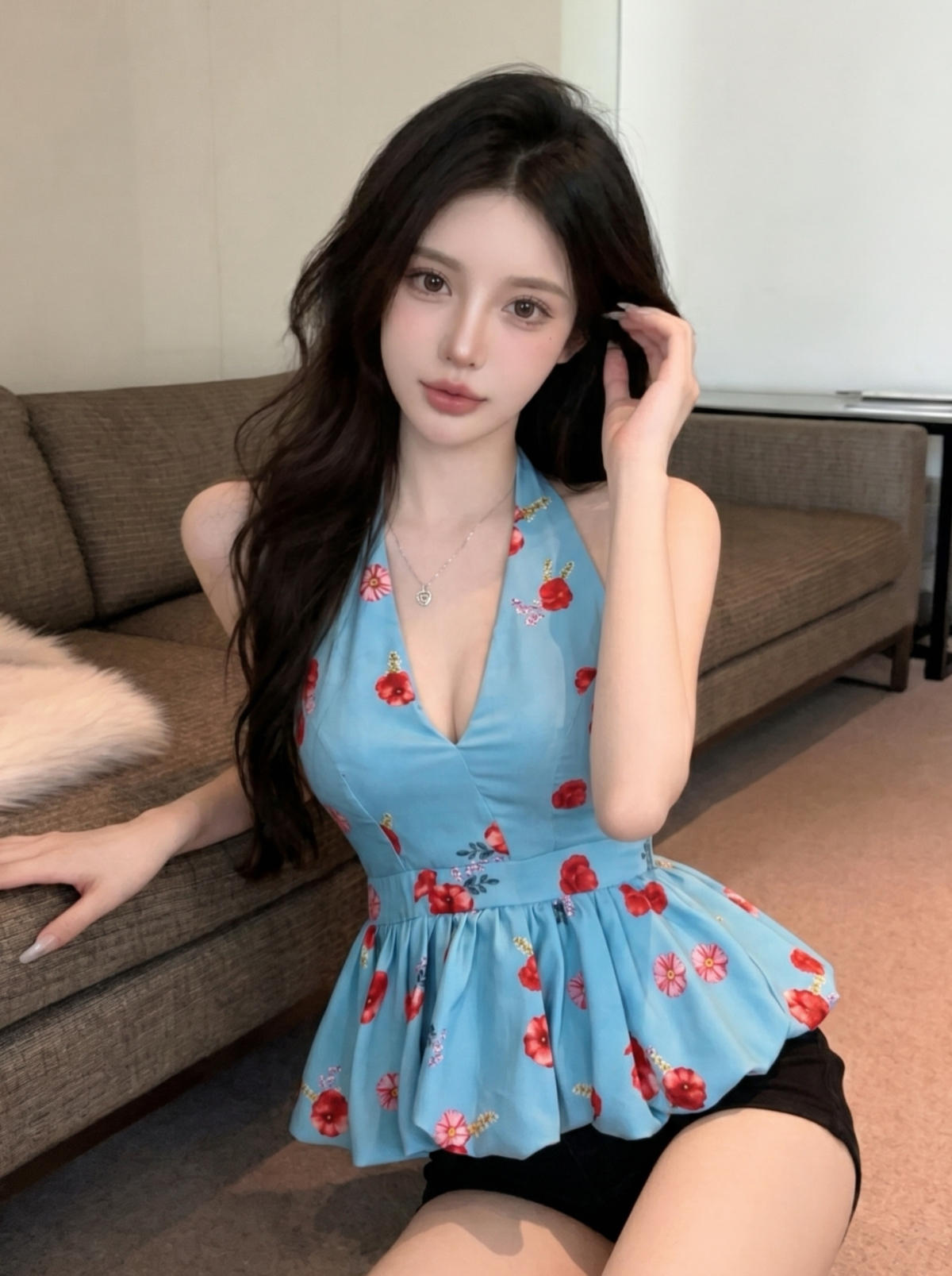 실사 프랑스식 고급 센스 레트로 레오파드 무늬 행침 목 V넥 백리스 허리 수축 맨위 여성 여름 새로운 몸매 가꾸기 작은 셔츠