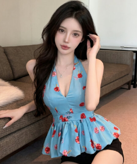 실사 프랑스식 고급 센스 레트로 레오파드 무늬 행침 목 V넥 백리스 허리 수축 맨위 여성 여름 새로운 몸매 가꾸기 작은 셔츠