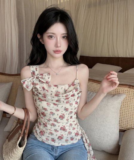 실사 프랑스식 순수한 욕망 나비 매듭 꽃무늬 불규칙 슬립 맨위 여성 여름 레트로 몸매 가꾸기 섹시함 레이스 셔츠