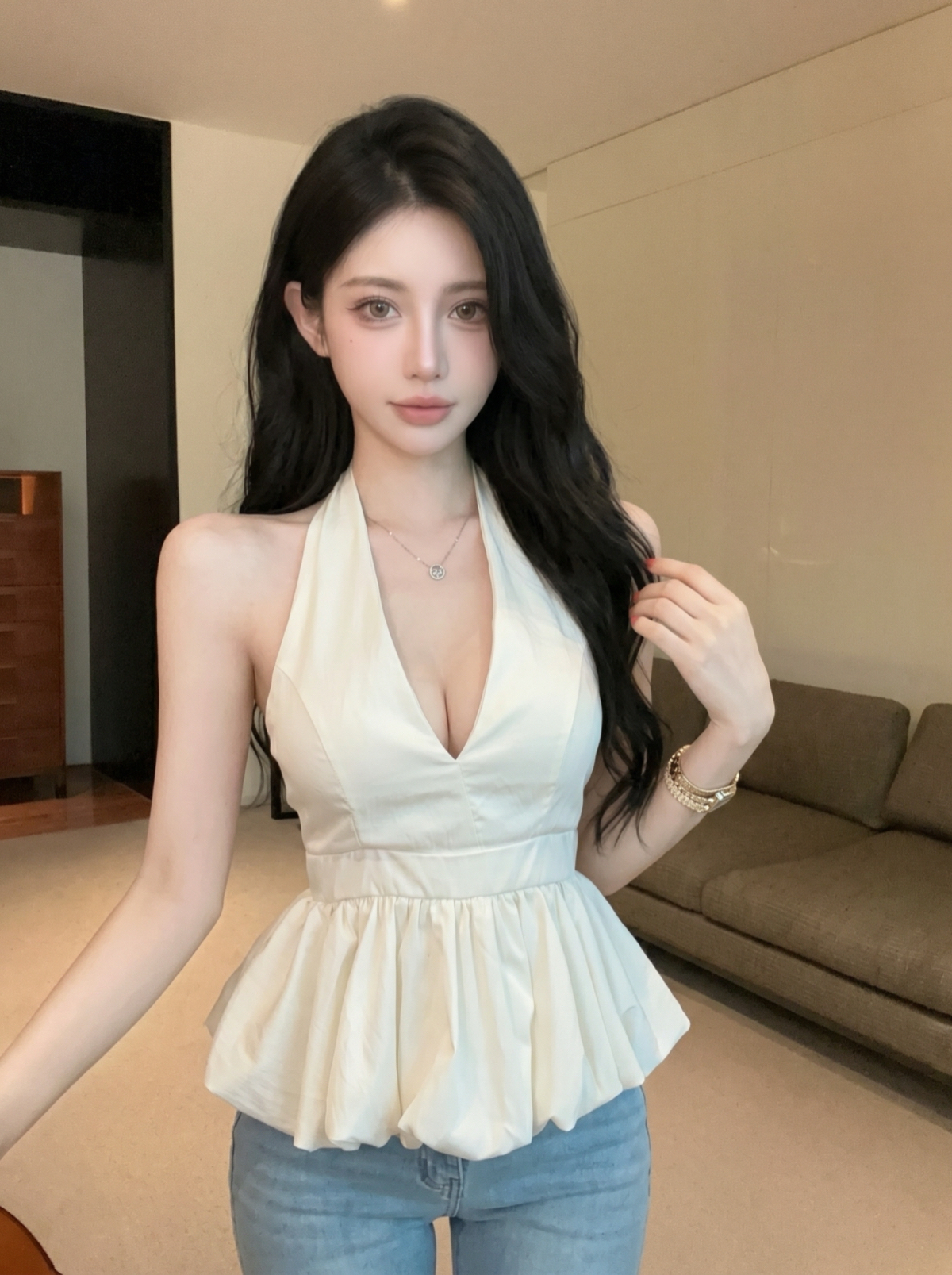 실사 여름 ootd 착용 가져 가라. 프릴 밑단 행침 목 캐미솔 프랑스식 달콤한 핫걸 민소매 맨위
