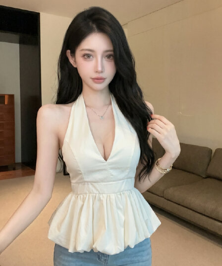실사 여름 ootd 착용 가져 가라. 프릴 밑단 행침 목 캐미솔 프랑스식 달콤한 핫걸 민소매 맨위