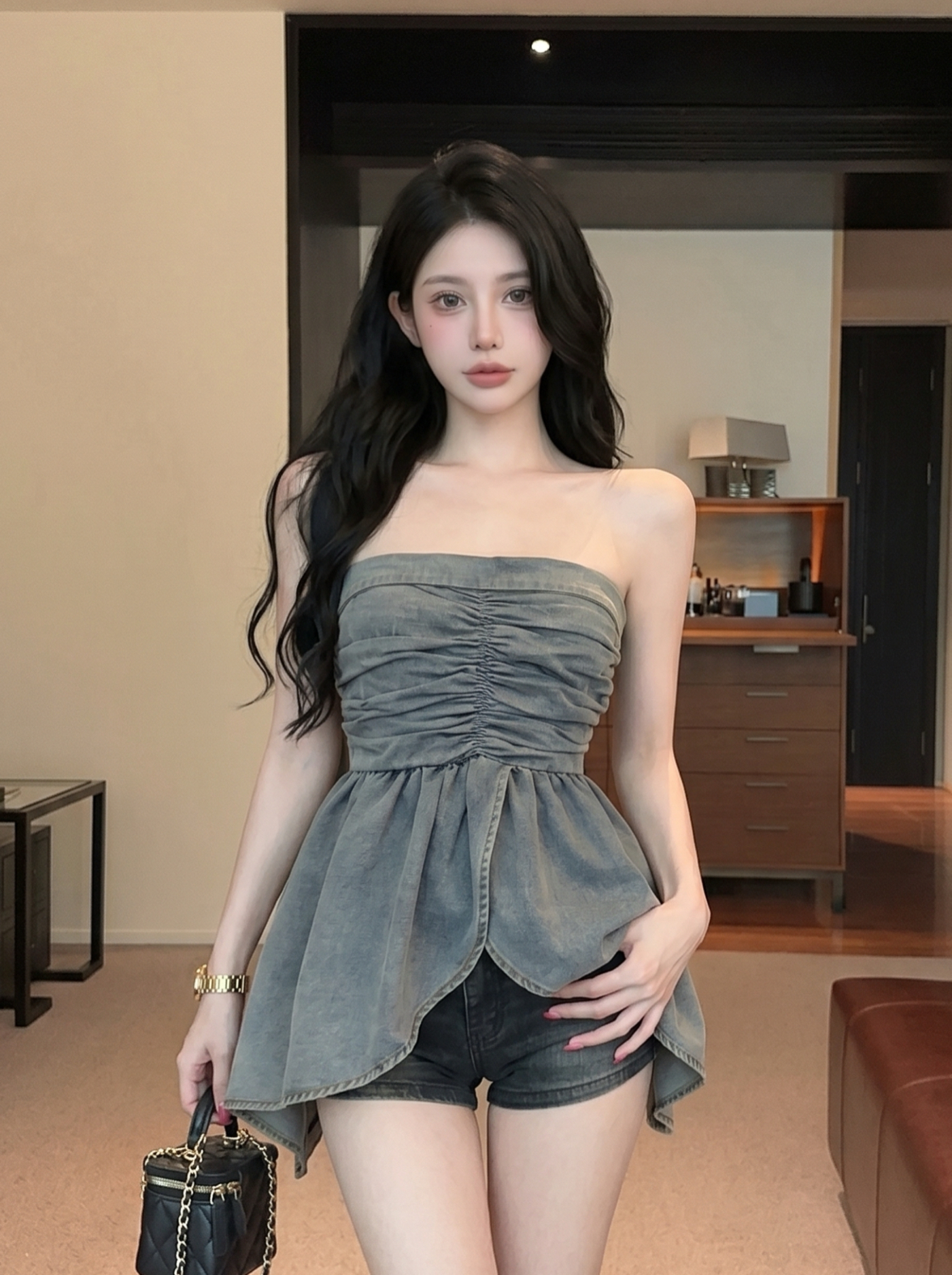 실사 레트로 핫걸 패션 다용도 주름 하이웨이스트 슬림해 보이는 여성 여름 불규칙 데님 튜브탑 조끼 맨위