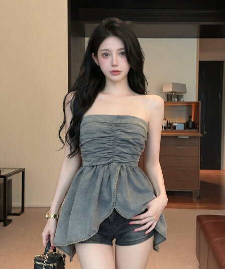 실사 레트로 핫걸 패션 다용도 주름 하이웨이스트 슬림해 보이는 여성 여름 불규칙 데님 튜브탑 조끼 맨위