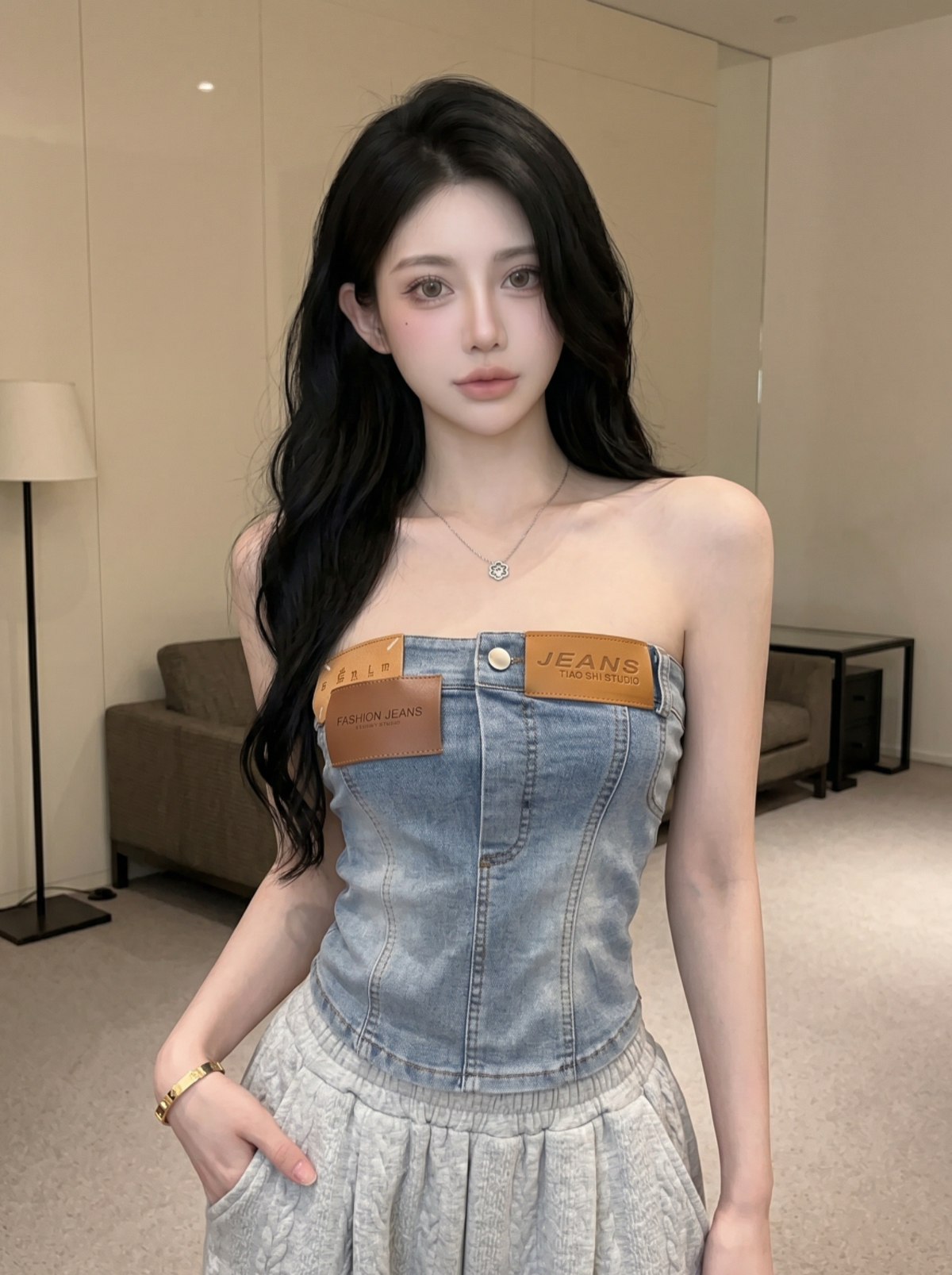 실사 레트로 패션 섹시함 오프숄더 데님 튜브탑 여성 여름 Chic 몸매 가꾸기 슬림해 보이는 스트레이트 조끼 맨위