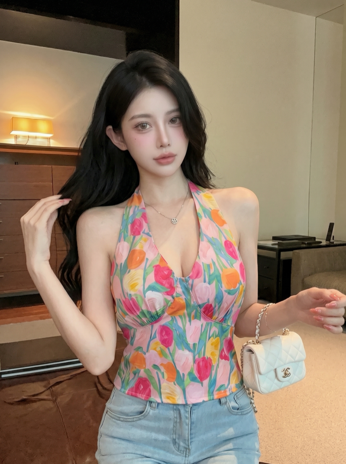 실사 레트로 행침 목 슬립 작은 조끼 여성 여름 외출용 아름다움 뒤로 쇼트 스타일 백리스 맨위 고급 센스 언더 코트
