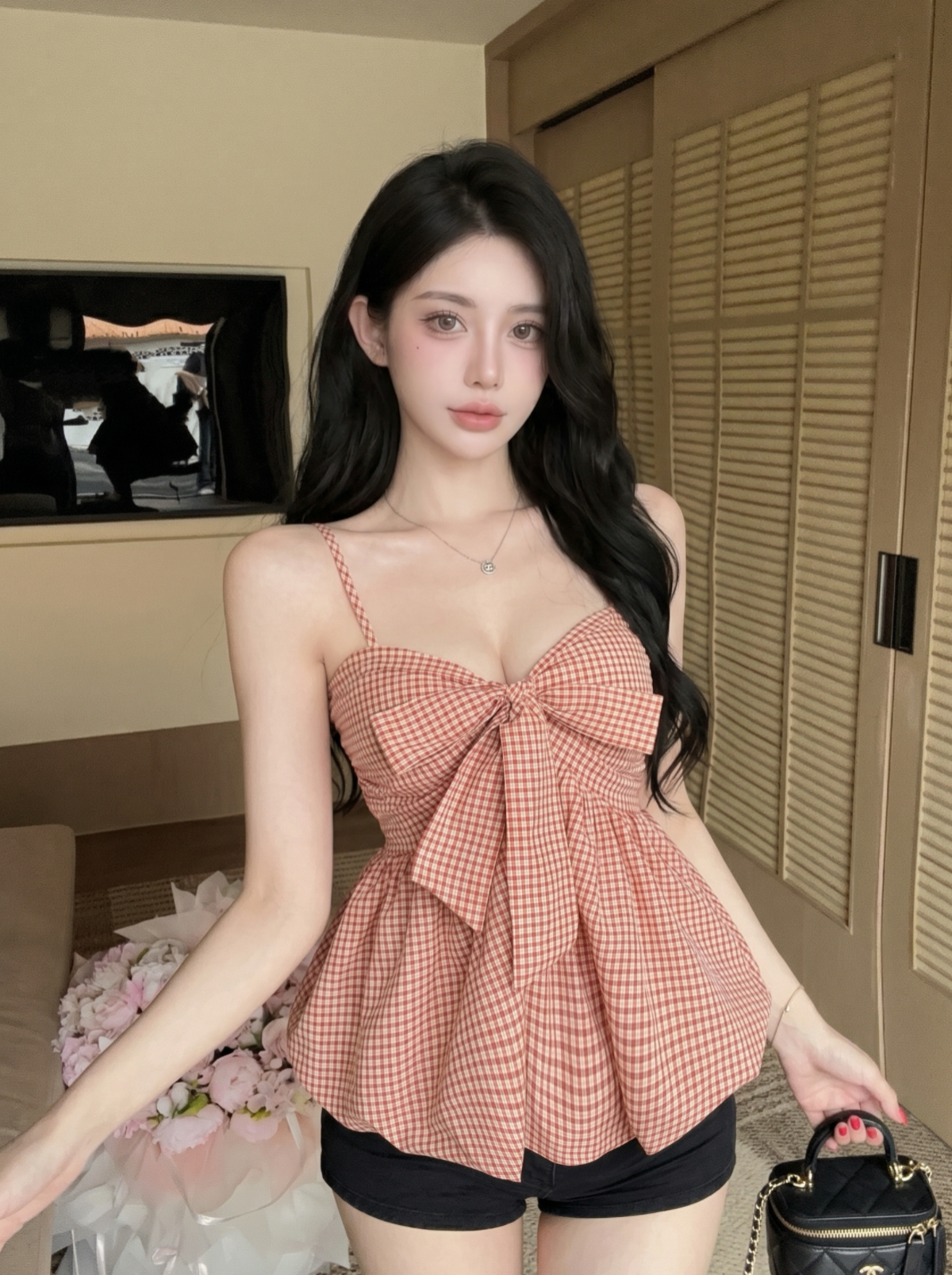 실사 핫걸 바람 행침 목 체크무늬 튜브탑 조끼 여성 여름 새로운 외출용 벨트 가슴 패드 민소매 치마 작은 맨위