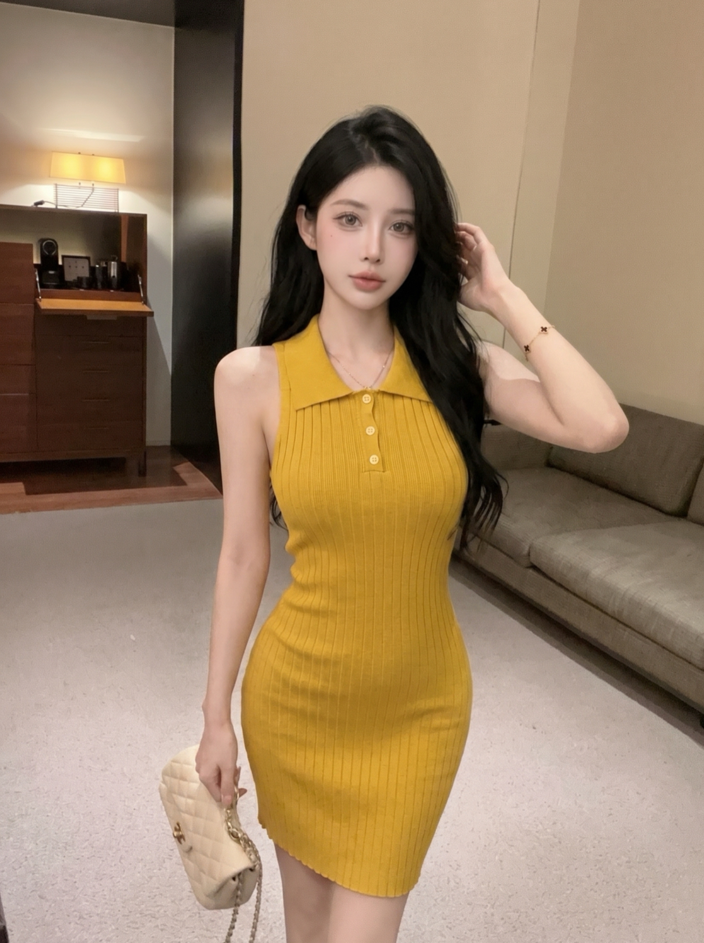 실사 부드러운 바람 고유 한 슈퍼 잘 생긴 ~ 중 폴로 칼라 니트 슬립 여성 드레스 아름다운 몸매 가꾸기 타이트 스커트 미니 스커트