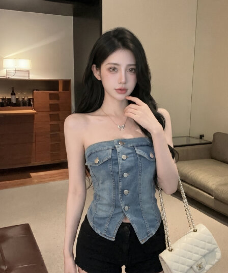실사 유럽과 미국 핫걸 바람 거리 섹시함 싱글 줄 버튼 튜브탑 데님 조끼 여성 2 여름 몸매 가꾸기 슬림해 보이는 짧은 맨위