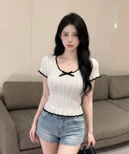 실사 아메리칸 배색 레이스 나비 매듭 니트 반팔 티셔츠 여성 여름 타이트 핫걸 쇼트 스타일 긍정적 인 어깨 의류