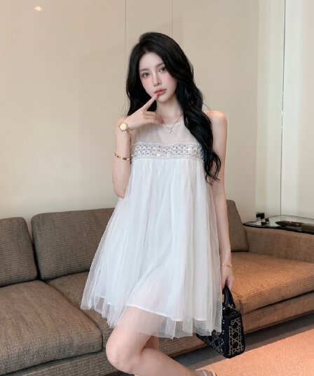 실사 천 골드 달콤함 부드러운 바람 한 마디 망사 비즈 박기 여성 드레스 여름 분위기 센스 데이트 요정 치마